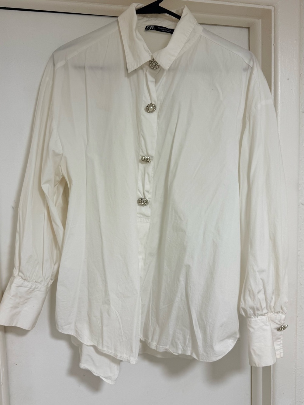 Zara Cream Long-Sleeve Dress Shirt with Jewel Buttons